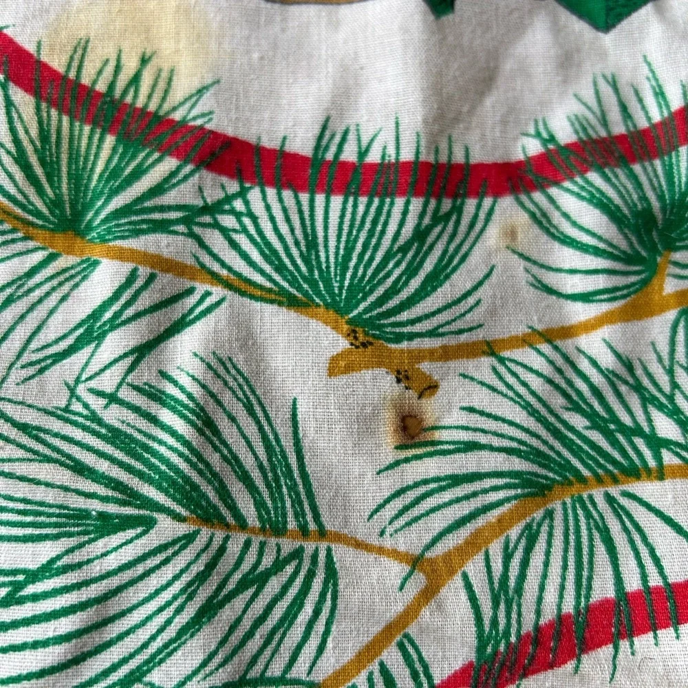Red Fringe Holiday Table cloth round vintage 56 inches diameter Christmas tree